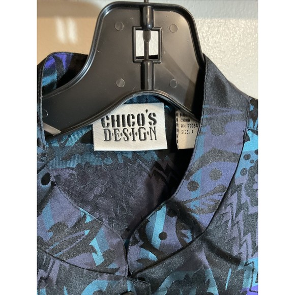 Chico's Design Women’s 1 Silk Blazer Black Blue Art to Wear Oriental Button - Picture 5 of 10
